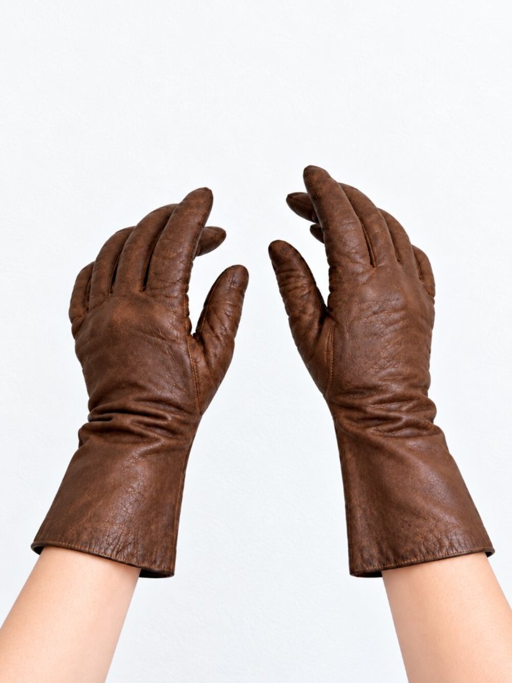 Vintage 1960s Ladylike Brown Leather Silk Lined Long Gloves France S